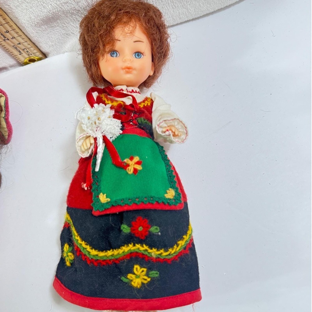 Vintage 8 Inch Souvenir Doll Blue Sleep Eyes Auburn Hair Folk Costume Embroidery